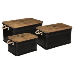 Lot De 3 Malles Métal Noir Plateau Bois Atmosphera