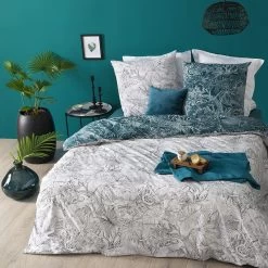 Parure De Lit Jungle Blanc/bleu Canard 240x220 Atmosphera